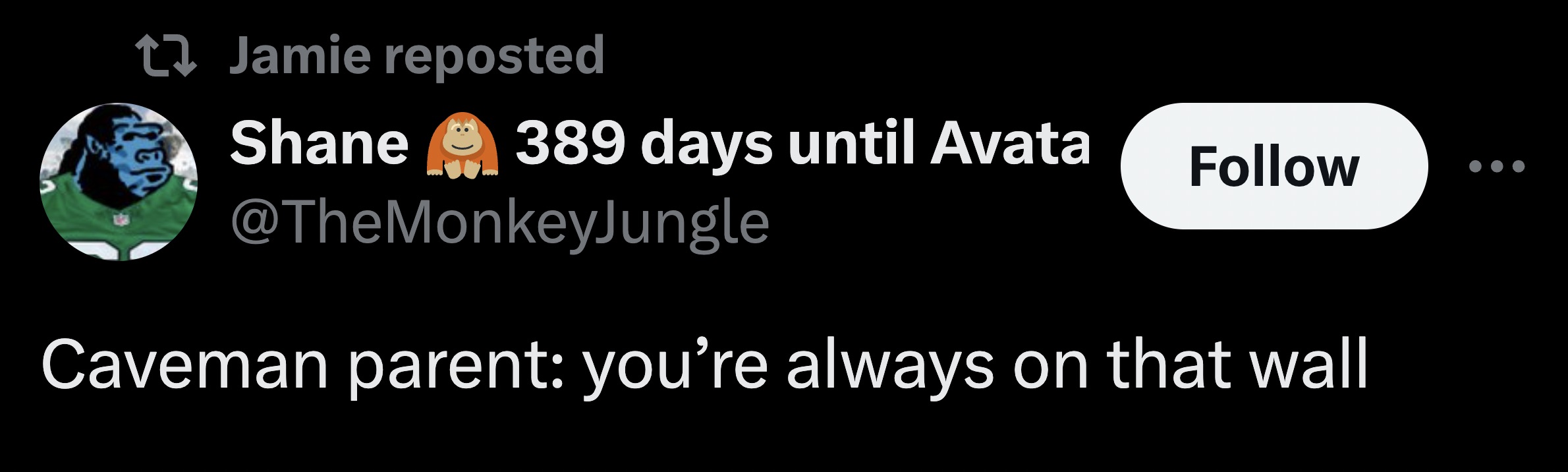 parallel - t Jamie reposted Shane 389 days until Avata Caveman parent you're always on that wall